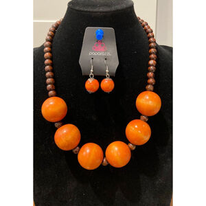 Orange wooden bead necklace with matching earrings